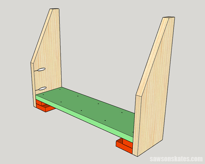 Diagram showing how to attach the bottom to the sides for a wall-mounted DIY wine rack
