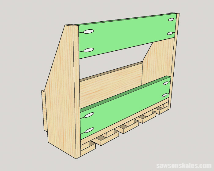 Diagram showing how to attach the back rails to a wall-mounted DIY wine rack