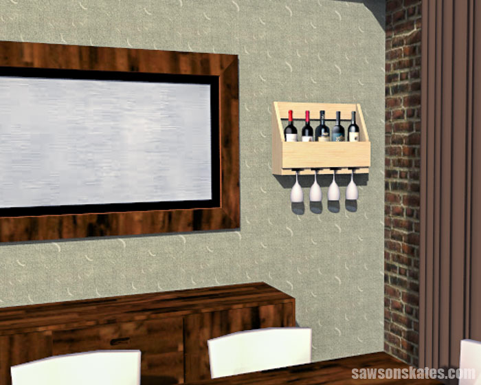 Rendering of a DIY wall-mounted wine rack hanging in a dining room