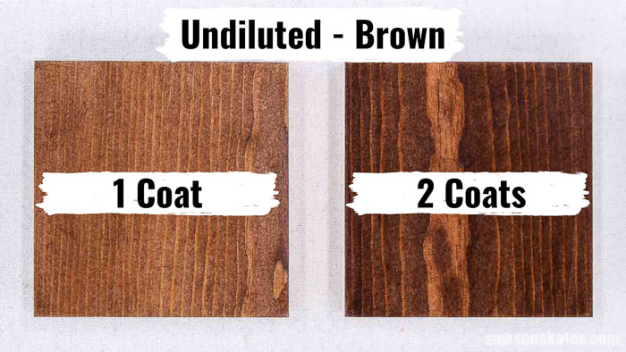 One coat of undiluted Rit Dye on wood compared to two coats of undiluted Rit Dye