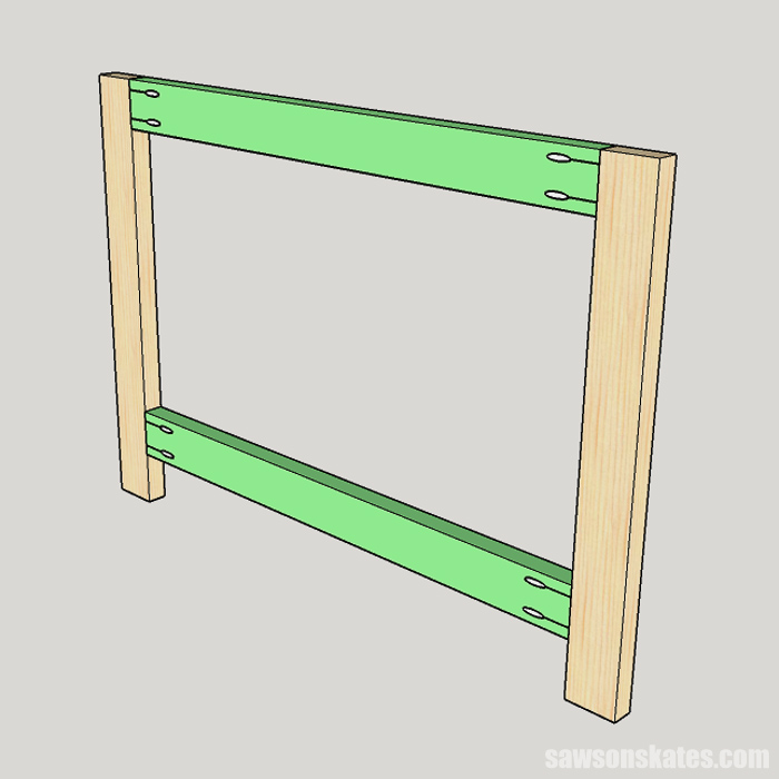 Sketch showing how to join the rails to the legs for a 2×4 workbench
