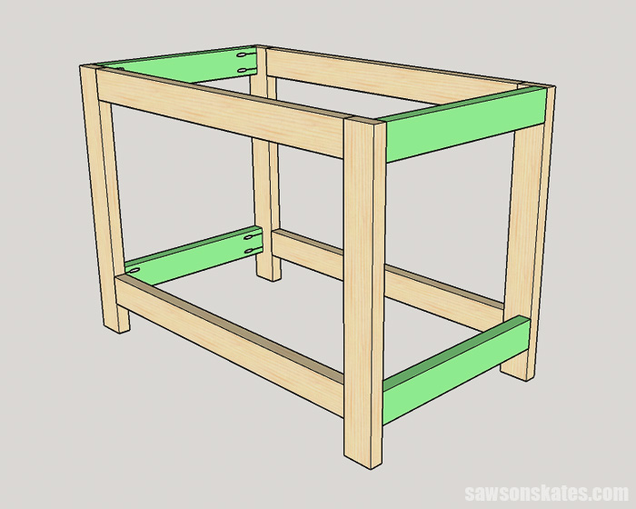 Sketch showing how to join the side rails to the leg assemblies for a 2×4 workbench