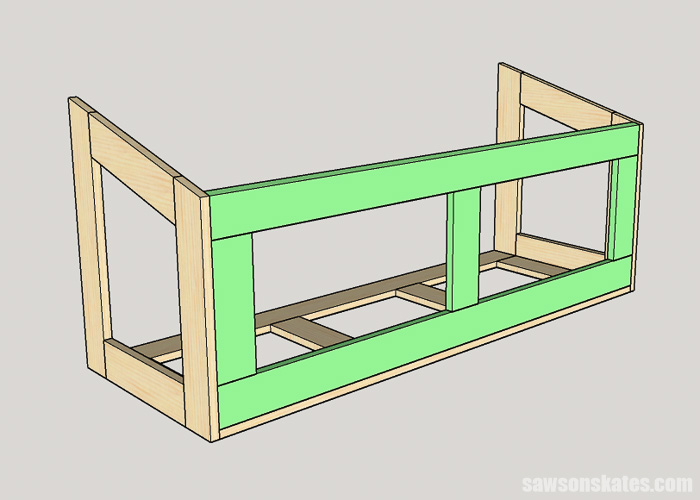 Sketch showing how to assemble the back of a DIY miter saw dust collection hood and attach it to the sides