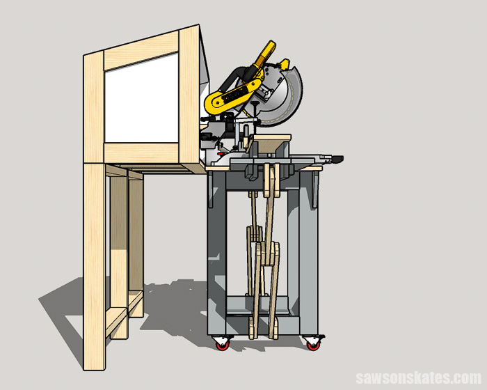Side view of a DIY miter saw dust collection hood and a miter saw
