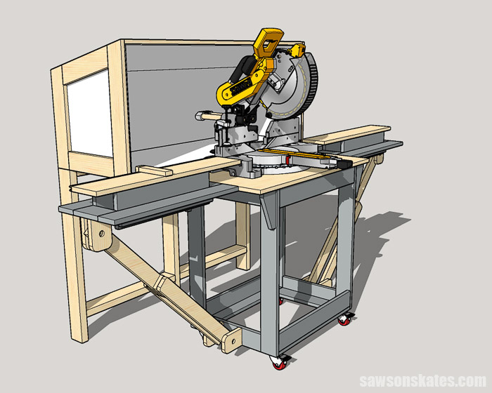 Miter saw in front of a DIY miter saw dust collection hood