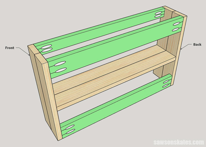 Sketch showing how to attach the rails to the storage area for a DIY writing desk