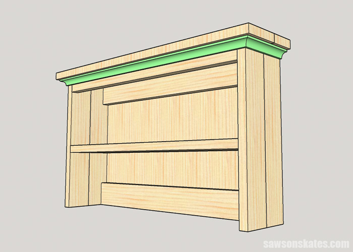 Sketch showing how to attach the cove molding to the storage area for a DIY writing desk
