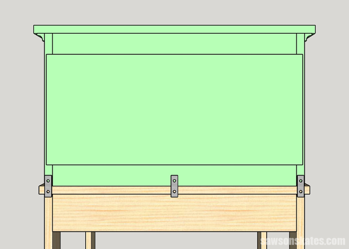 Sketch showing how to attach the storage area to the leg assemblies for a DIY writing desk