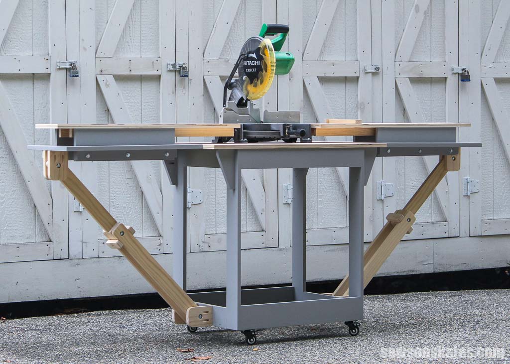 A DIY miter saw stand with the folding wings extended