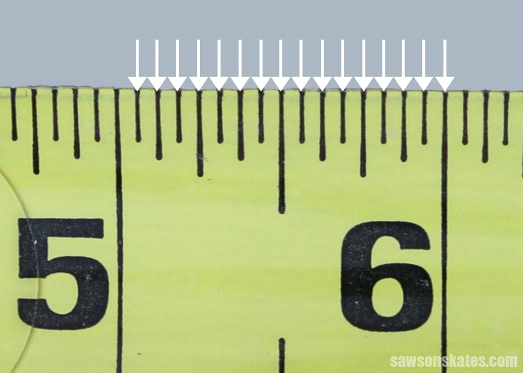 Ruler showing sixteenths of an inch (1/16)