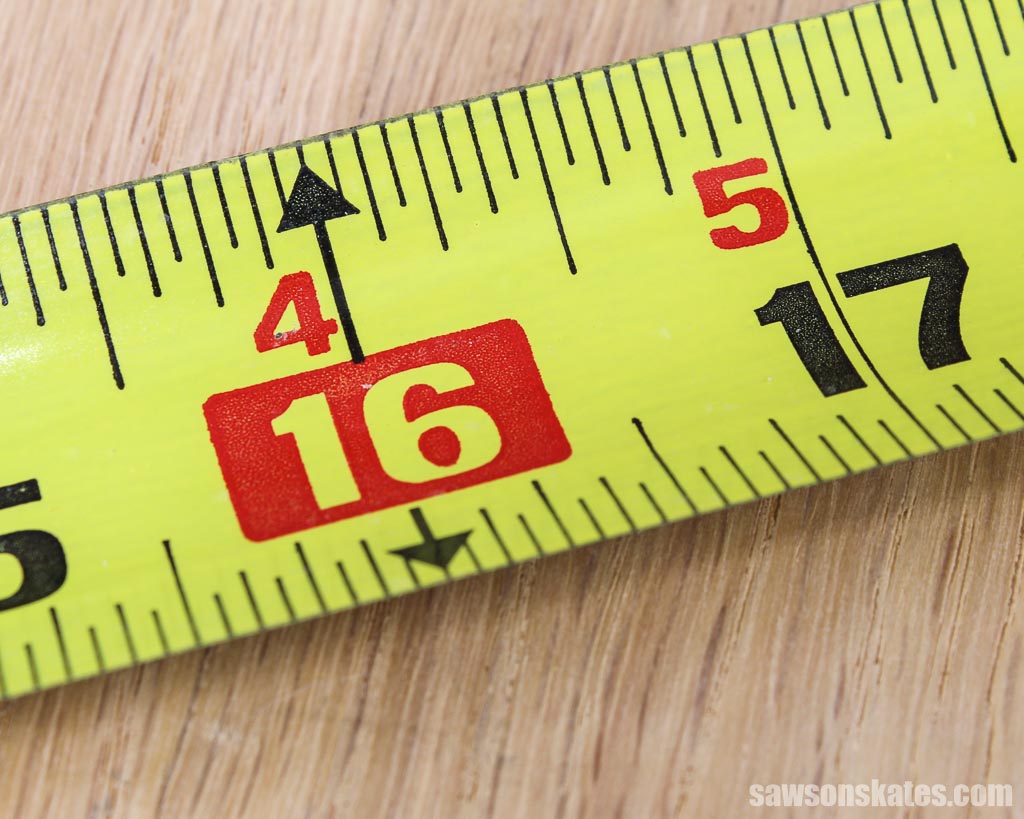 Red 16-inch mark on a tape measure