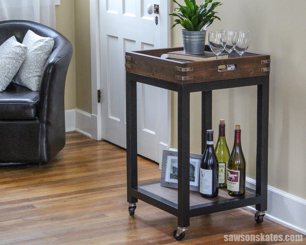 DIY bar cart with bottles and glasses