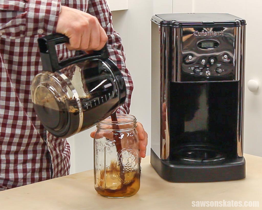 pouring coffee to use a homemade wood stain