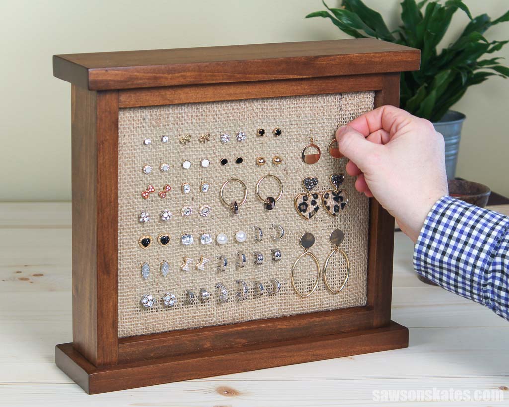 Earring organizer made with scrap wood and burlap