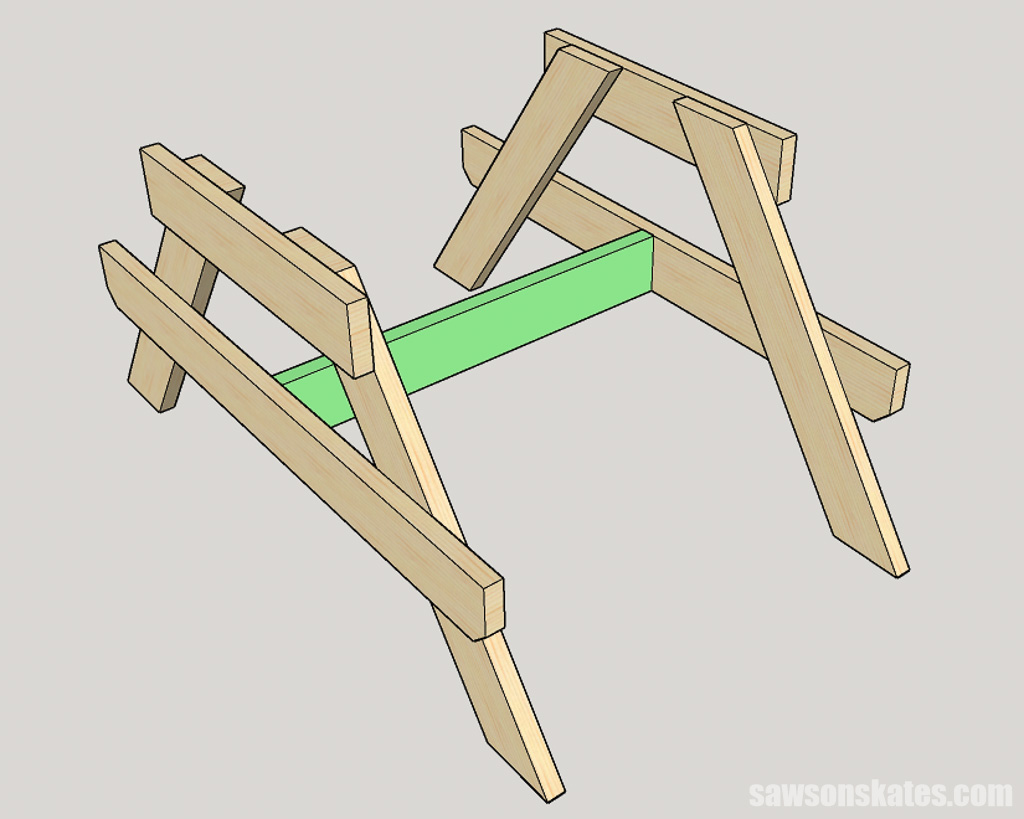 Attaching the stretcher to the leg assemblies for a small DIY picnic table