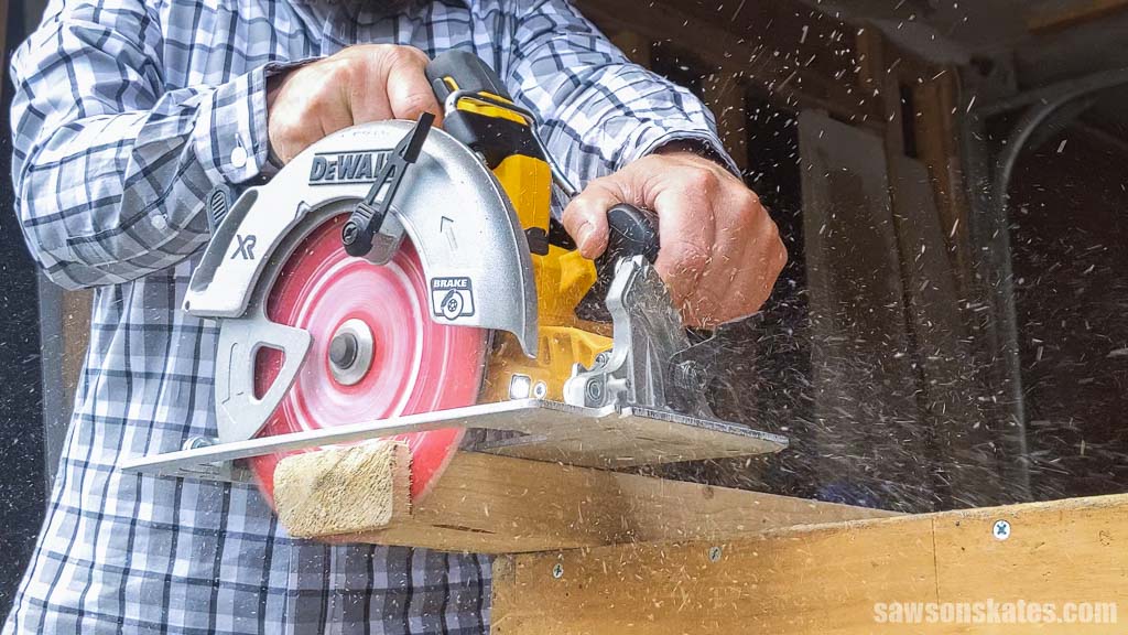 Using a circular saw to cut the end off of a board