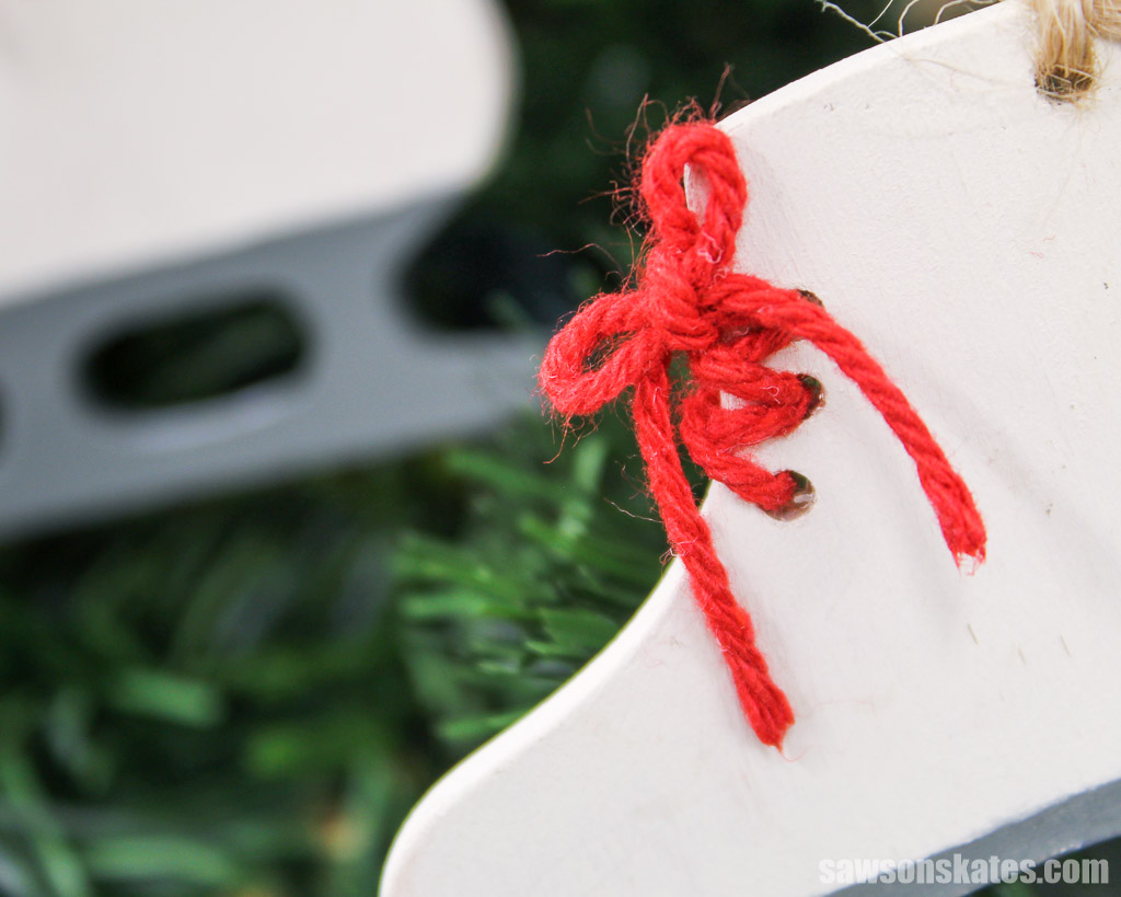 Close up of the laces on a DIY ice skate Christmas ornament