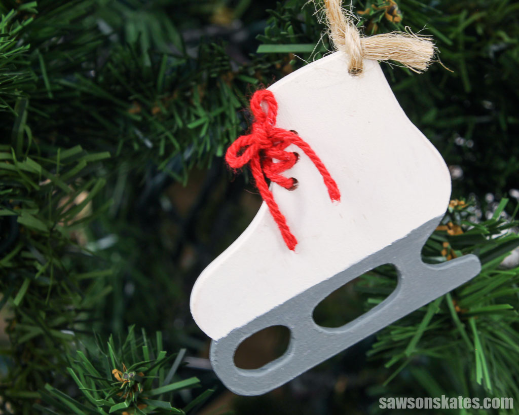 DIY ice skate ornament in a Christmas tree