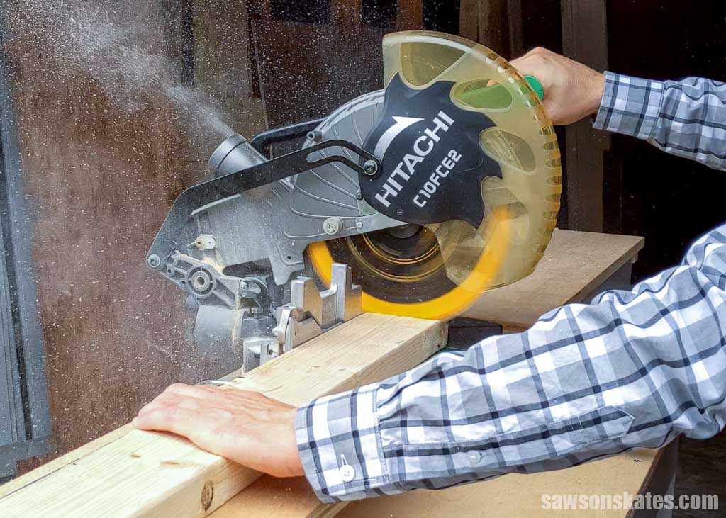 Using a single bevel miter saw to cut a board to length
