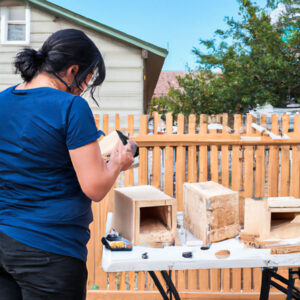 Woman standing next to a workbench holding a piece of wood
