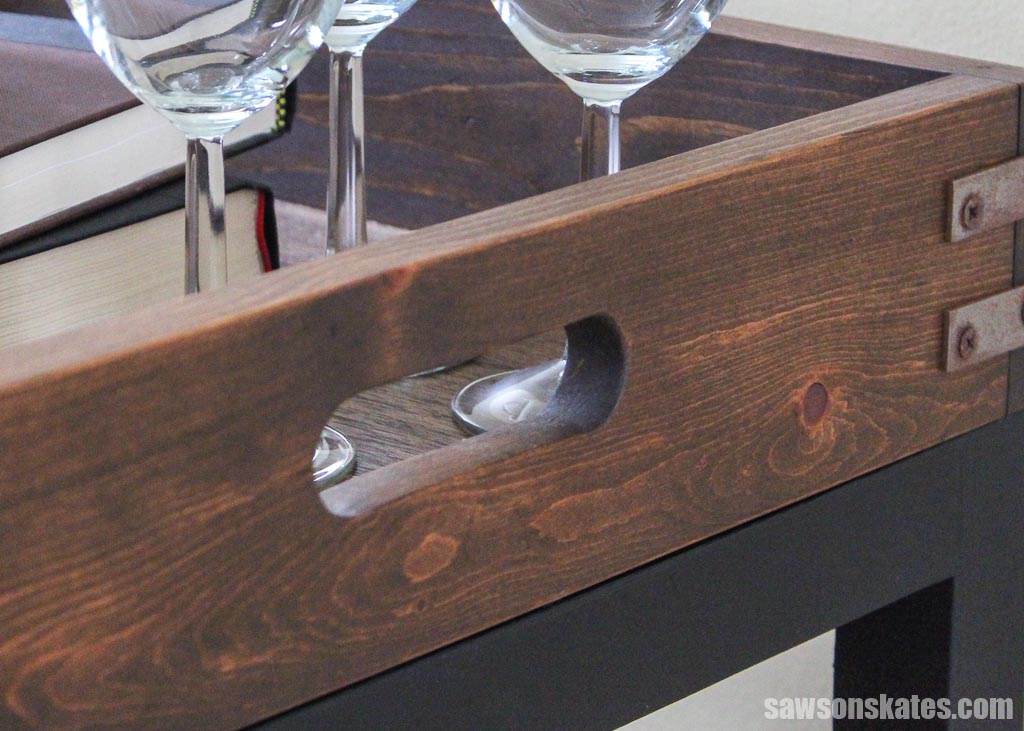 Close up of the handle on a DIY bar cart tray