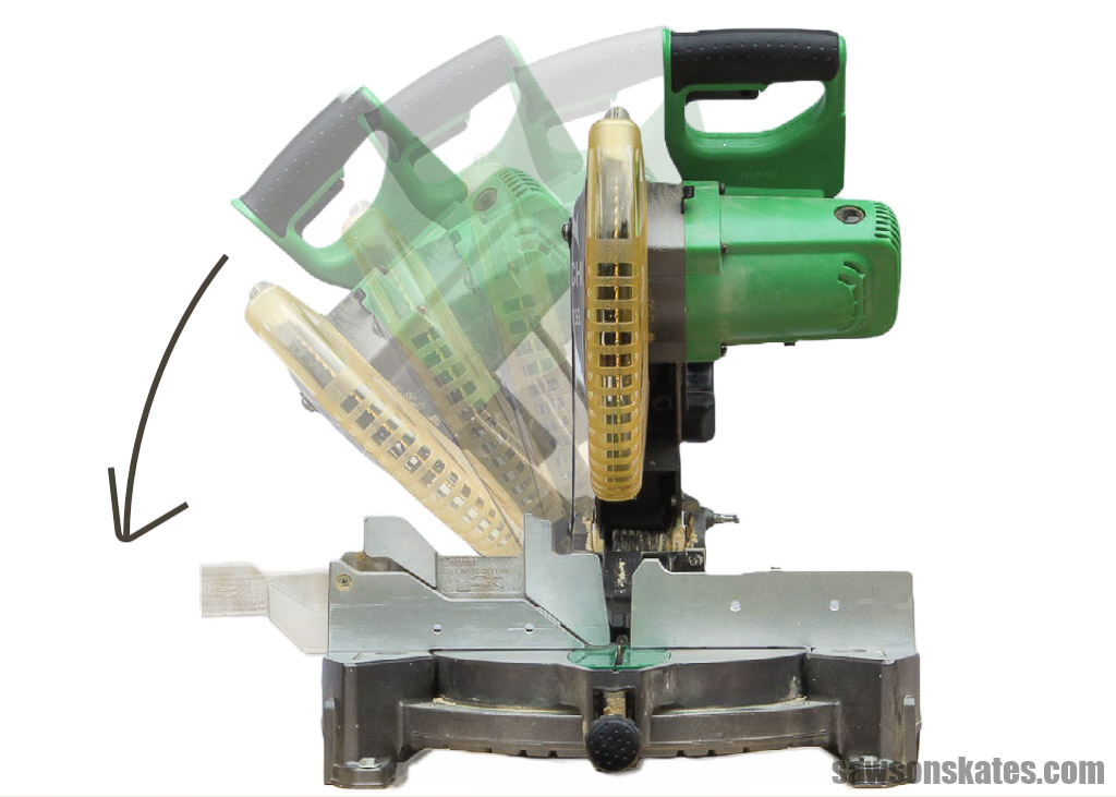 Graphic showing that a single bevel miter saw only tilts in one direction