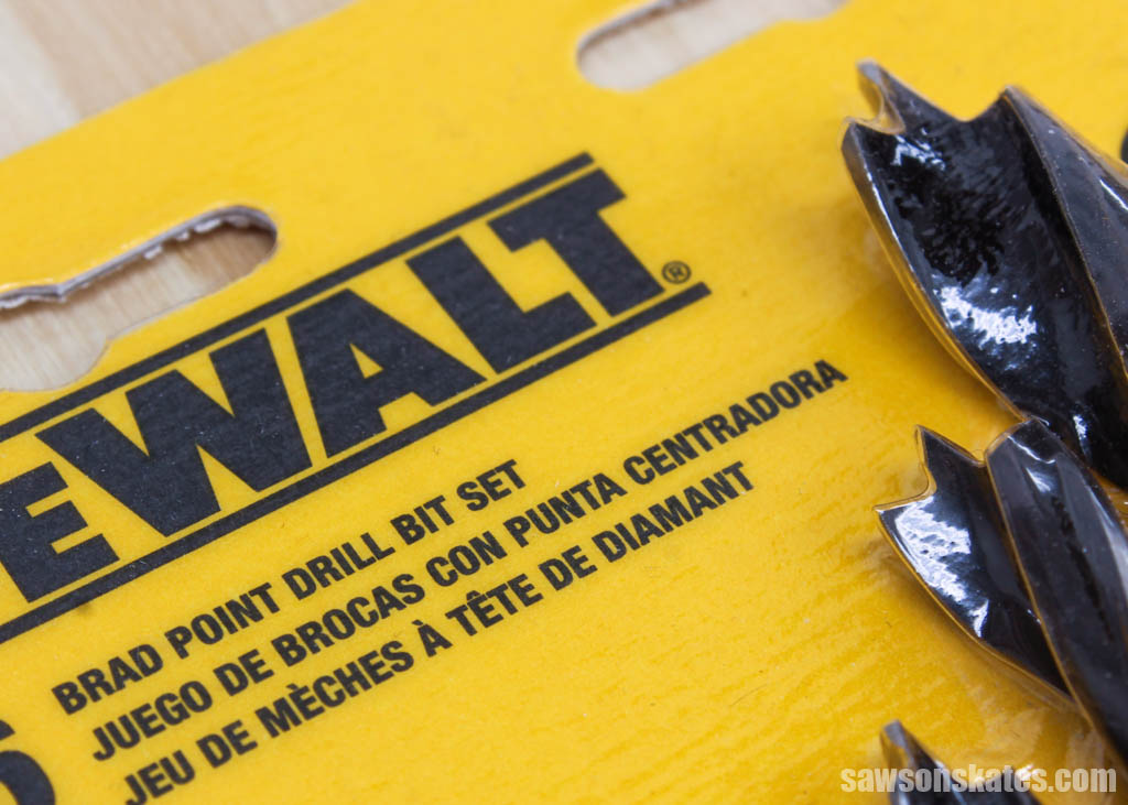 Closeup of the words brad point drill set on a package of bits