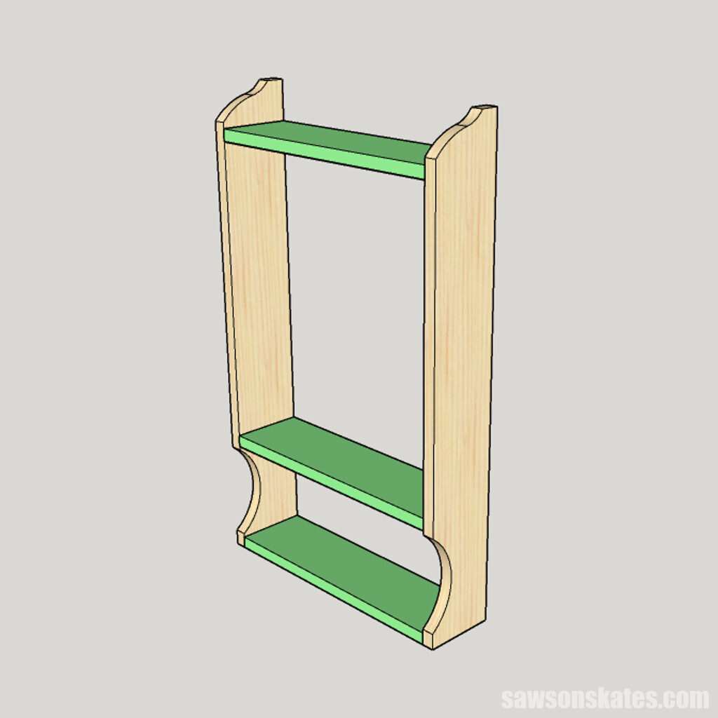 Sketch showing how to attach the shelves to a DIY farmhouse medicine cabinet
