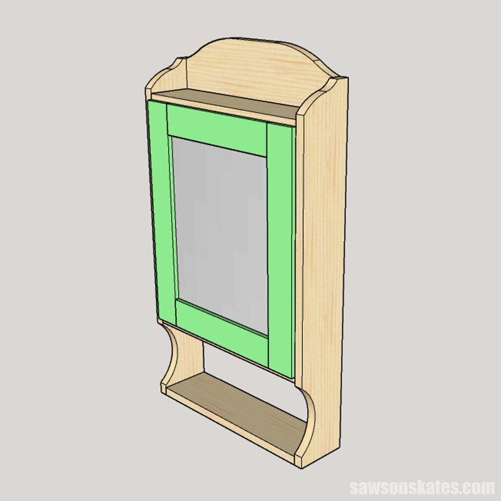 Sketch showing how to install the door in a DIY farmhouse-style medicine cabinet