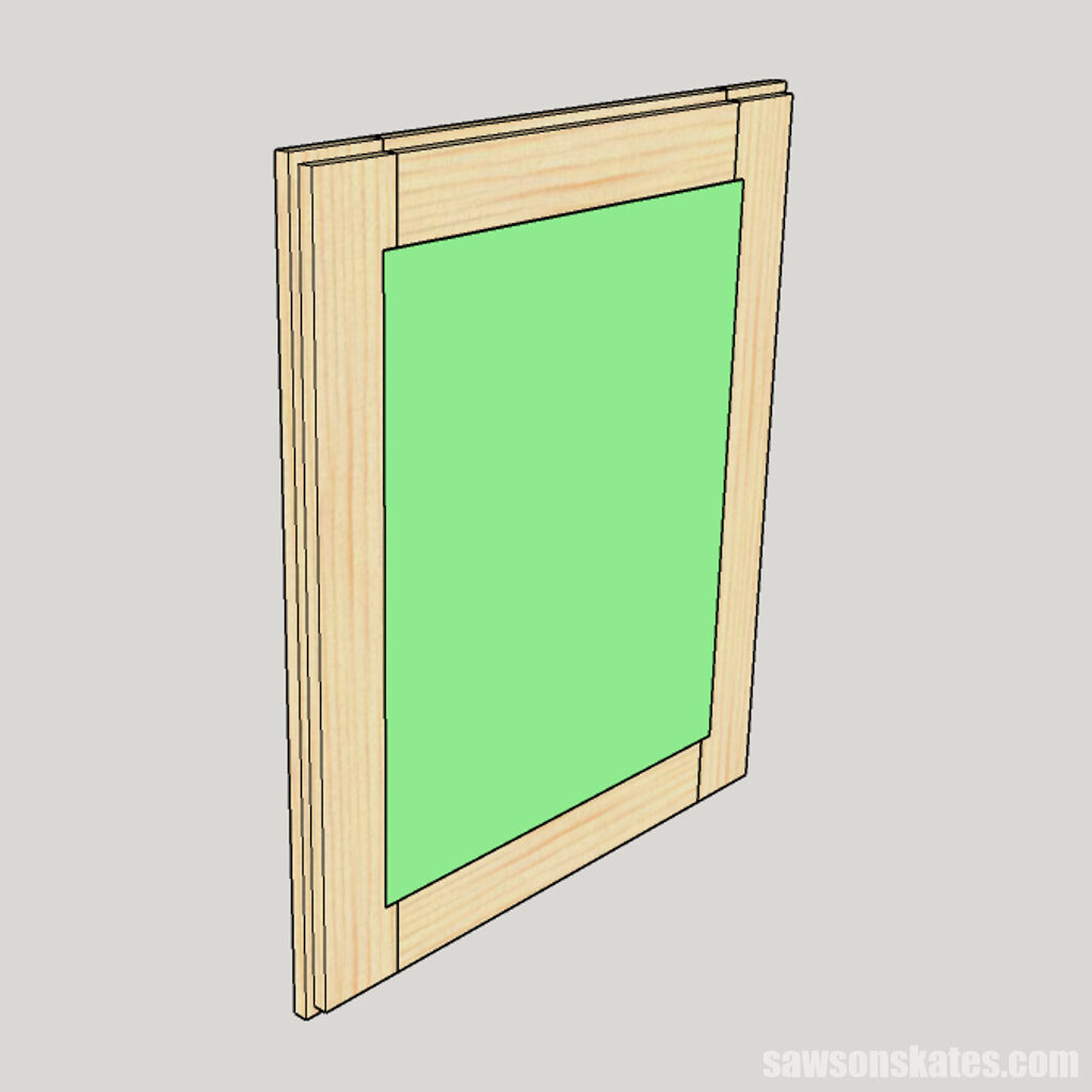 Sketch showing how to install the back on a DIY medicine cabinet's door