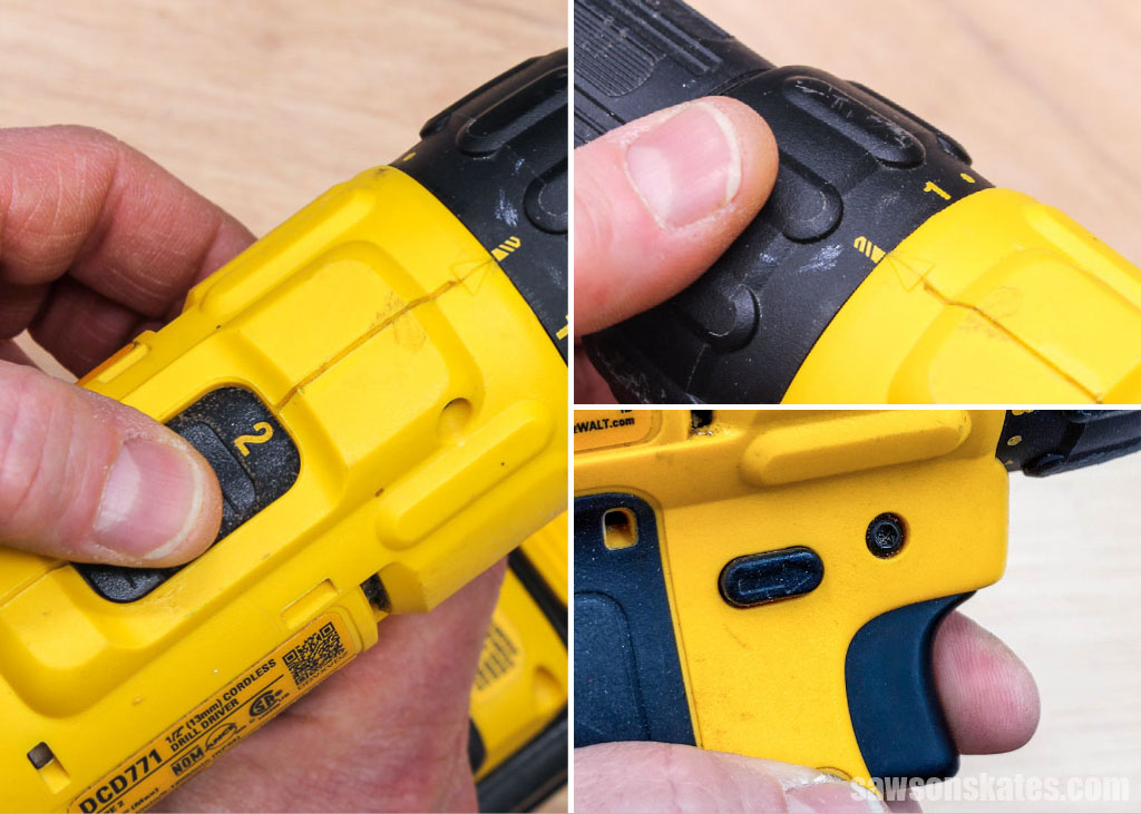 Collage of a drill's setting adjustments