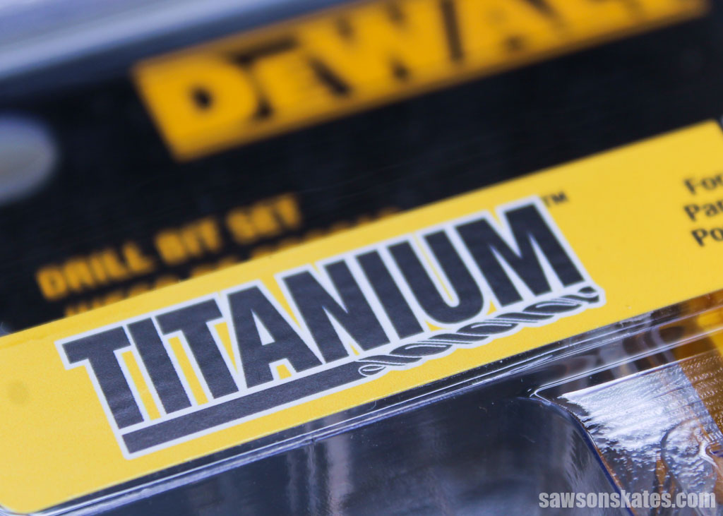 Closeup of the word titanium on a drill bit package