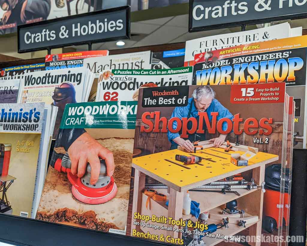 Several woodworking magazines on a bookstore's rack
