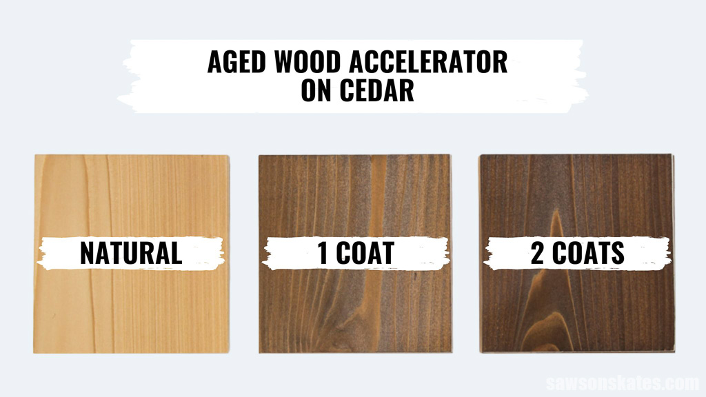 Graphic comparing one and two coats of Varathane Aged Wood Accelerator on cedar