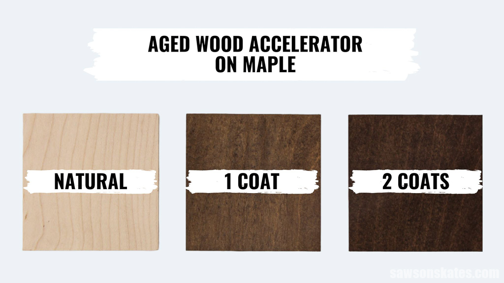 Graphic comparing one and two coats of Varathane Aged Wood Accelerator on maple