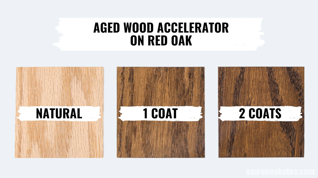 Graphic comparing one and two coats of Varathane Aged Wood Accelerator on red oak