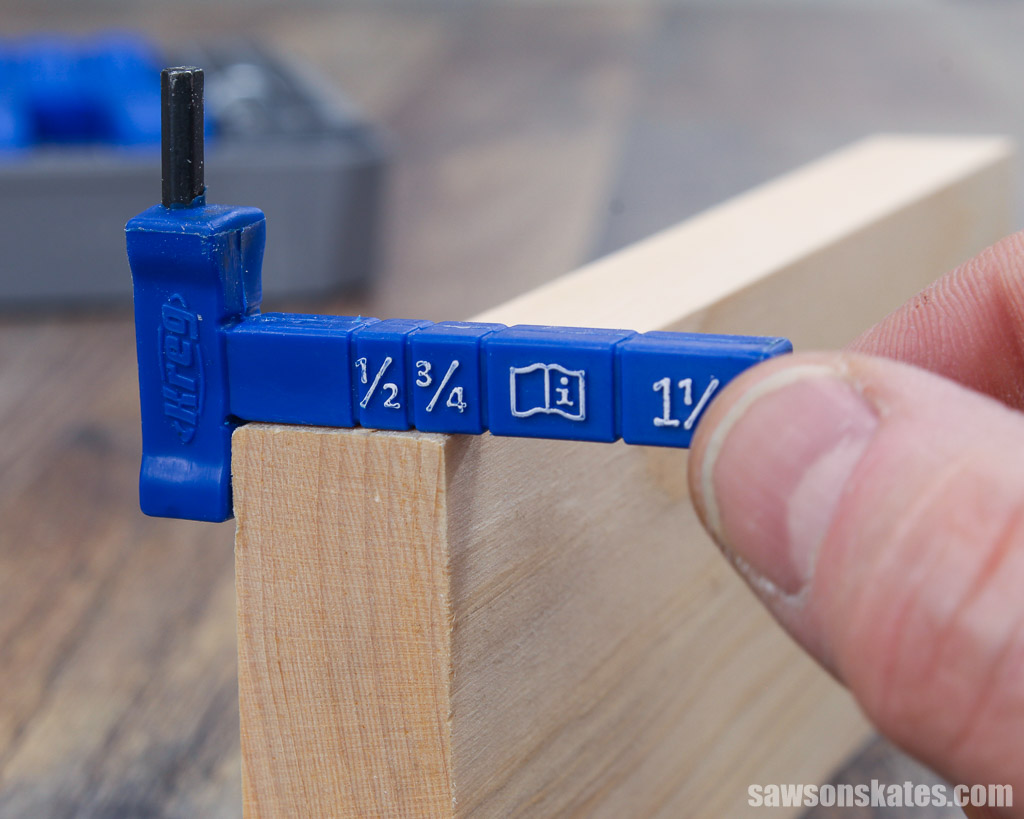 Using a Kreg Thickness Gauge to measure a piece of wood