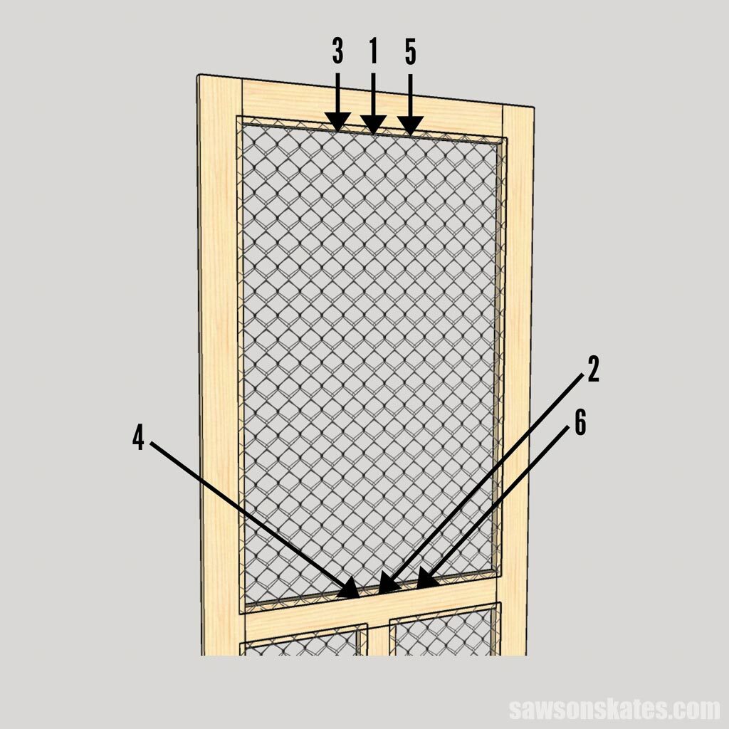 Diagram showing where to staple window screen mesh on a DIY screen door