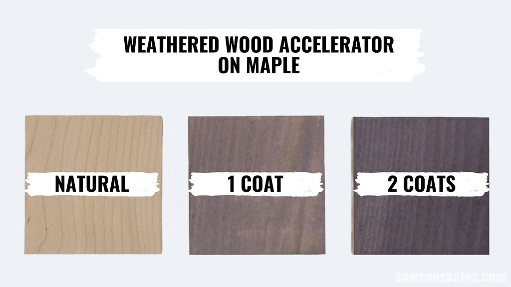 Graphic comparing one and two coats of Varathane Weathered Wood Accelerator on maple