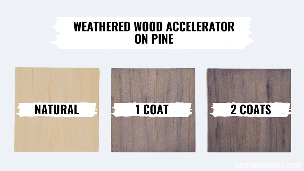 Graphic comparing one and two coats of Varathane Weathered Wood Accelerator on pine