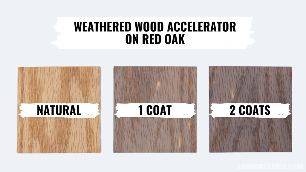 Graphic comparing one and two coats of Varathane Weathered Wood Accelerator on red oak