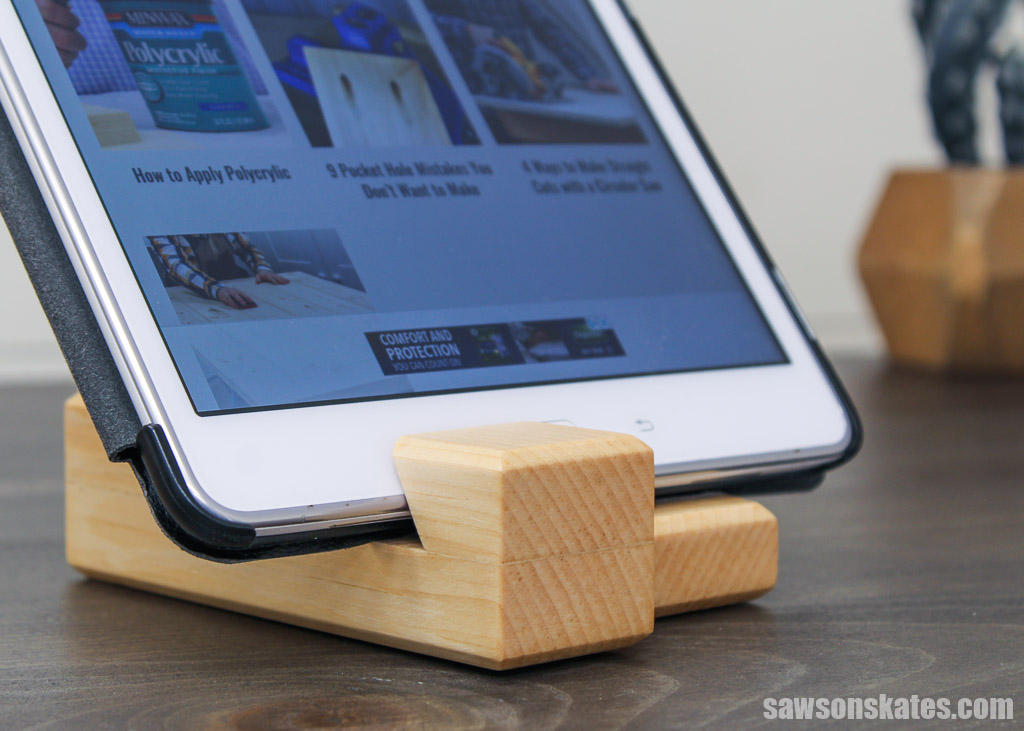 Close up of a wooden DIY tablet holder