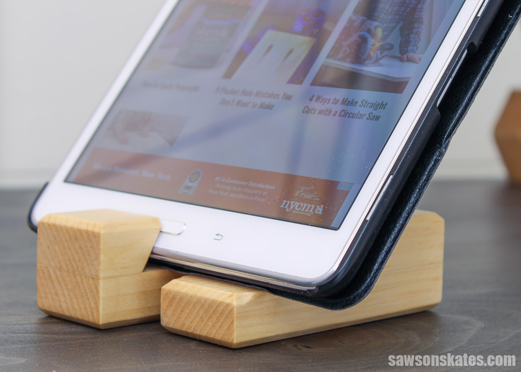 Right side view of a wood DIY tablet stand