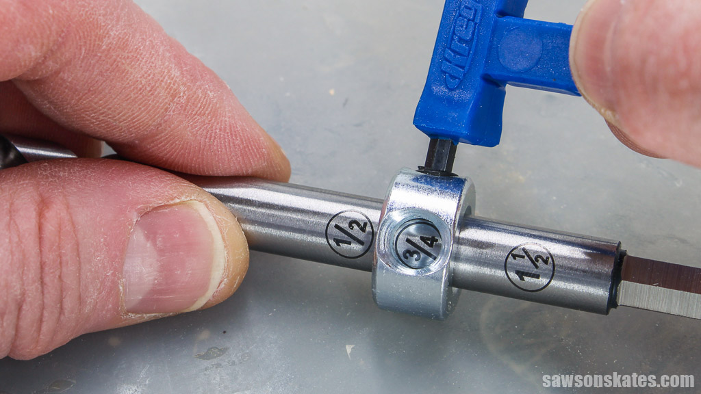 Using a hex wrench to tighten the screw on a Kreg Jig 720's stop collar