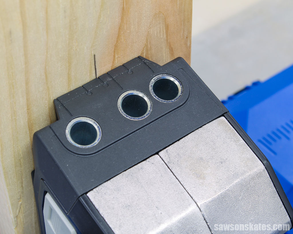 Closeup of a Kreg Jig 720PRO's drill guide holes