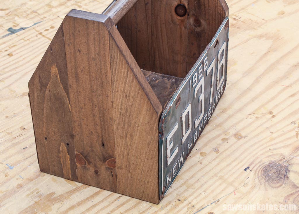 Closeup of the rustic wood color of a DIY tool box