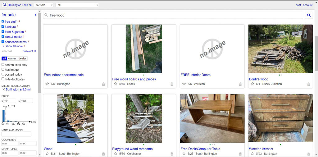 Screenshot of Craigslist search for free wood