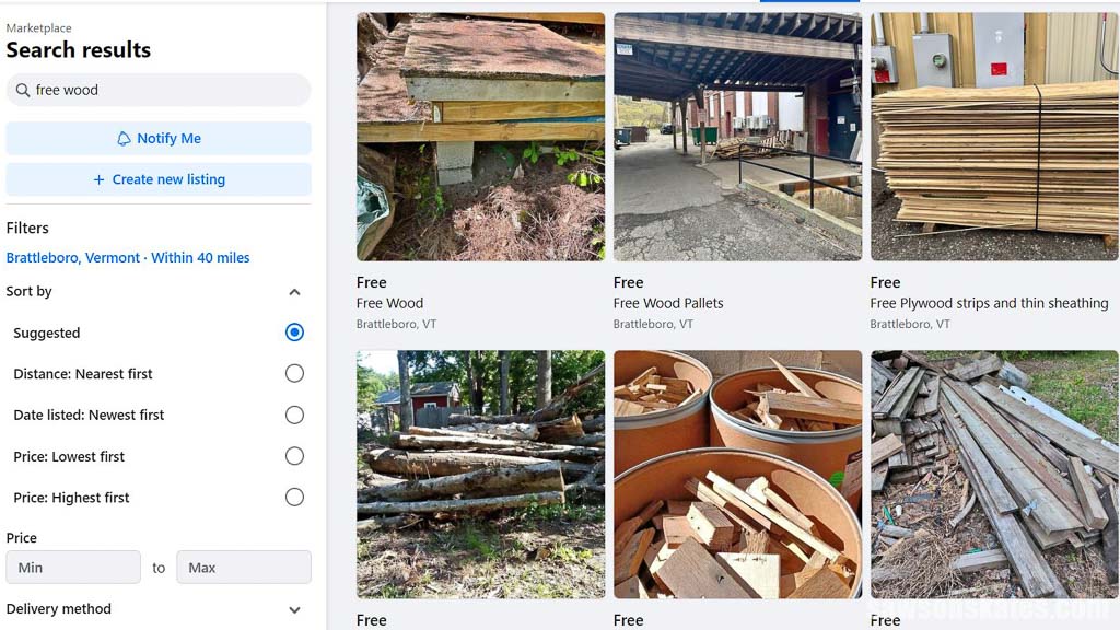 Screenshot of Facebook Marketplace search for free wood