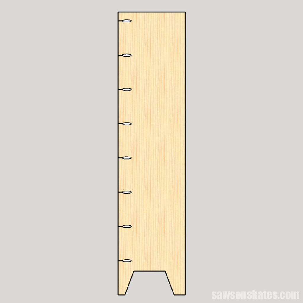Diagram showing where to drill pocket holes on the side of a DIY jelly cabinet