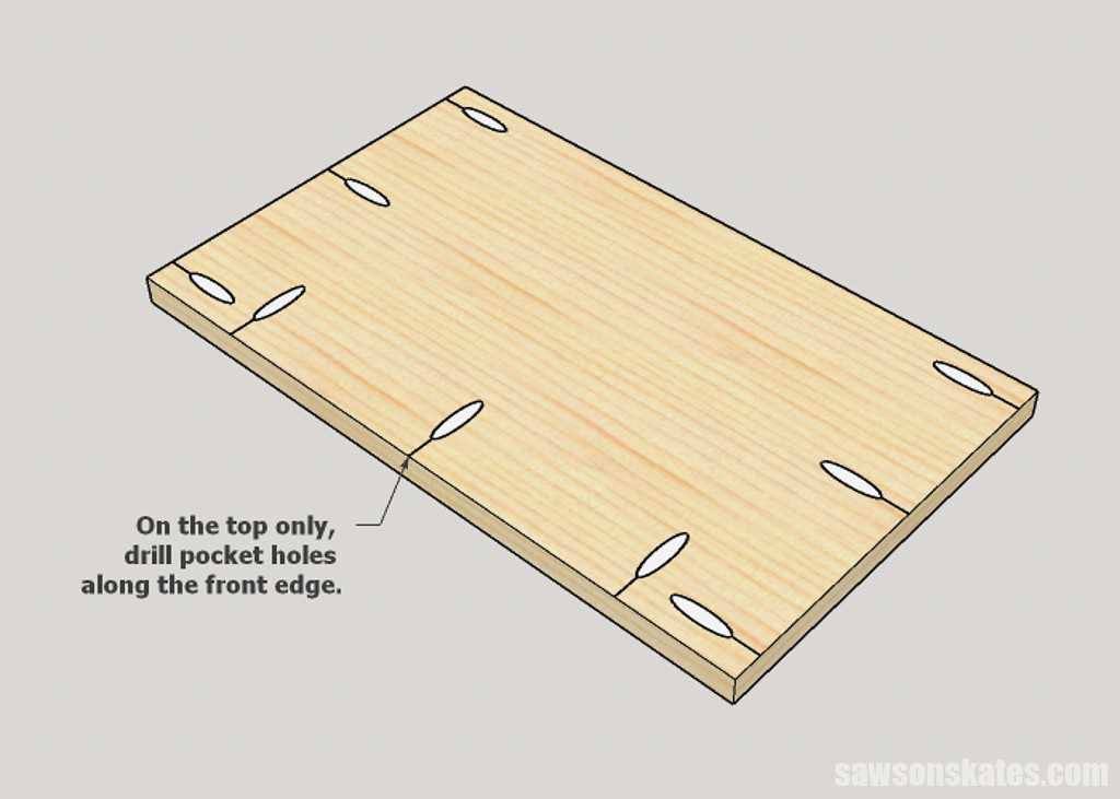 Pocket hole locations for a DIY jelly cabinet's top and bottom